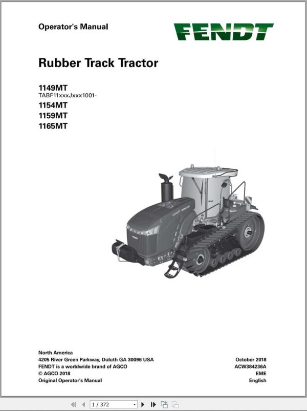 Fendt Rubber Track Tractor 1100 MT Operators Manual 550377