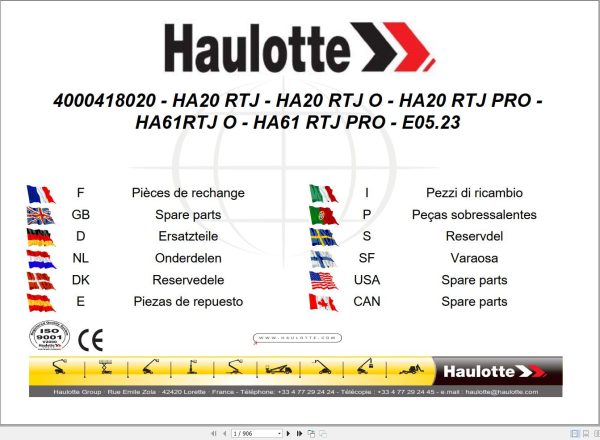 Haulotte Articulating Booms HA20RTJ to HA61RTJ PRO Parts Manual 4000418020 EN FR