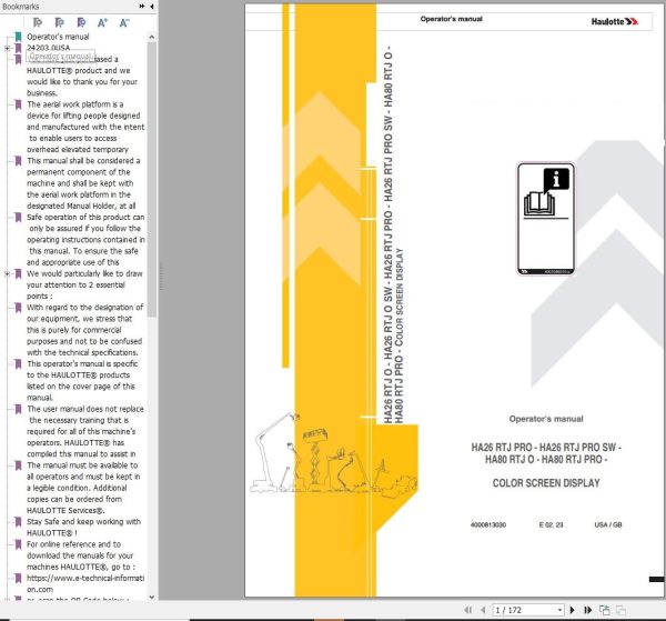 Haulotte Articulating Booms HA26 RTJ PRO to HA80 RTJ PRO Operators Manual 4000813030
