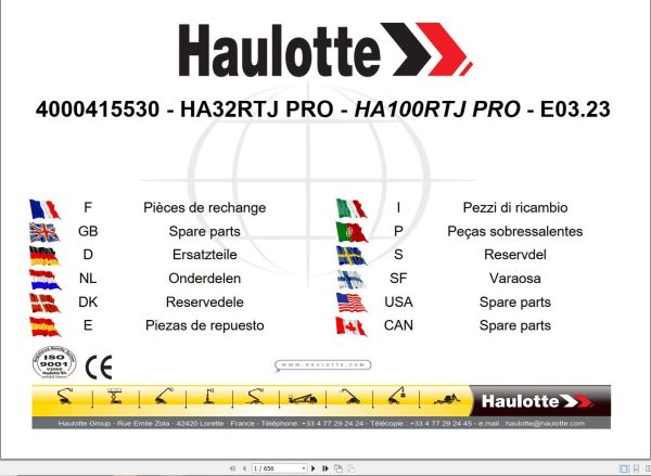 Haulotte Articulating Booms HA32RTJ PRO HA100RTJ PRO Parts Manual 4000415530 EN FR
