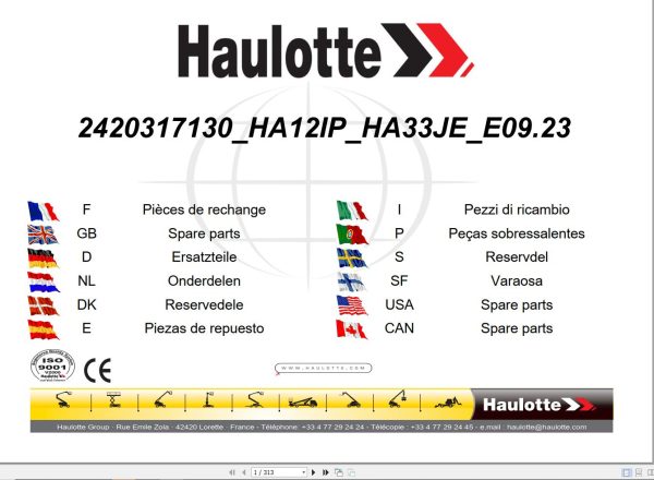 Haulotte Electric Articulating Booms HA12IP HA33JE Parts Manual 2420317130 EN FR