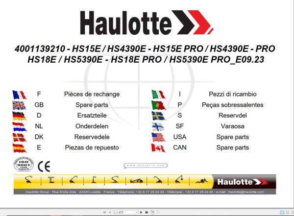 Haulotte Electric Scissor Lifts HS15E to HS5390E PRO Parts Manual 4001139210 EN FR