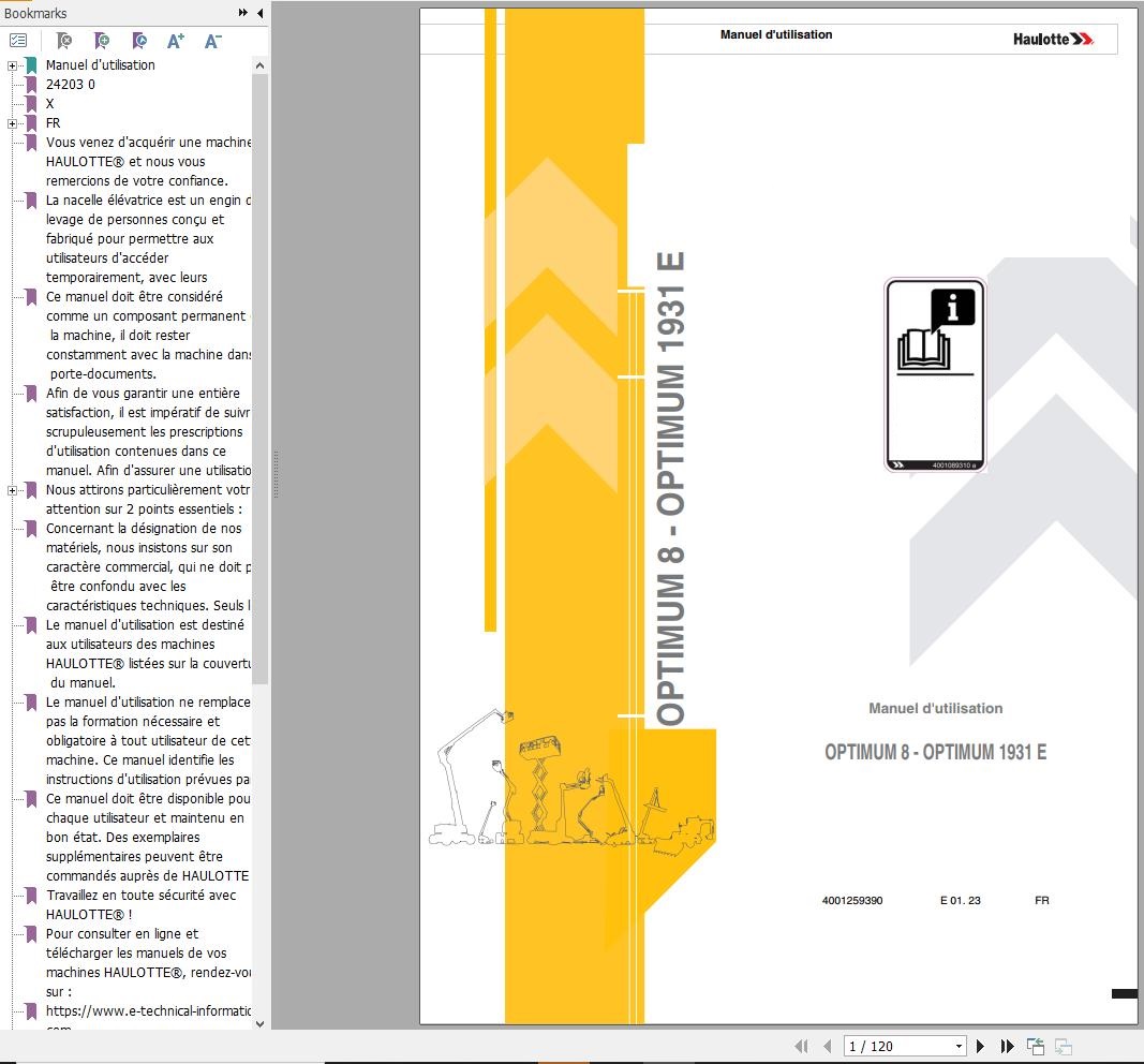 Haulotte Electric Scissor Lifts OPTIMUM 8 OPTIMUM 1931E Operators Manual 4001259390 FR