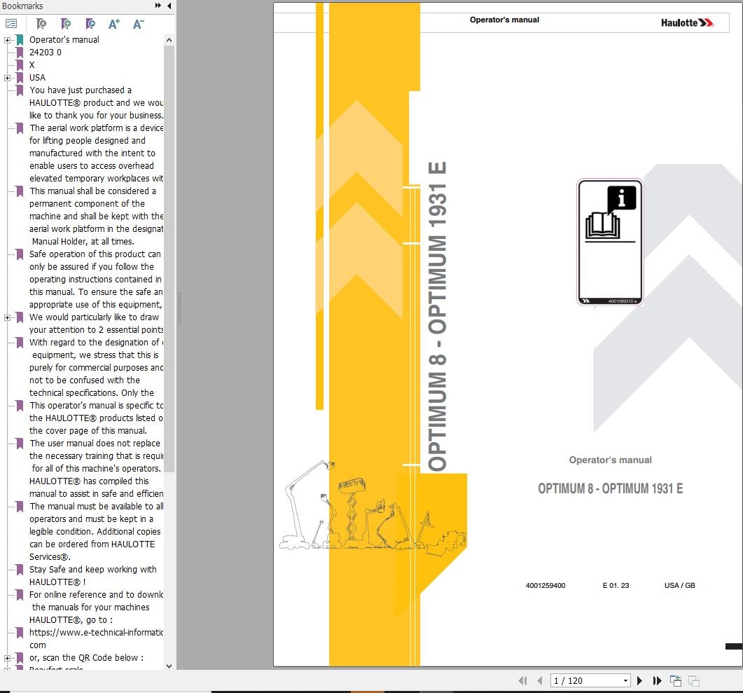 Haulotte Electric Scissor Lifts OPTIMUM 8 OPTIMUM 1931E Operators Manual 4001259400