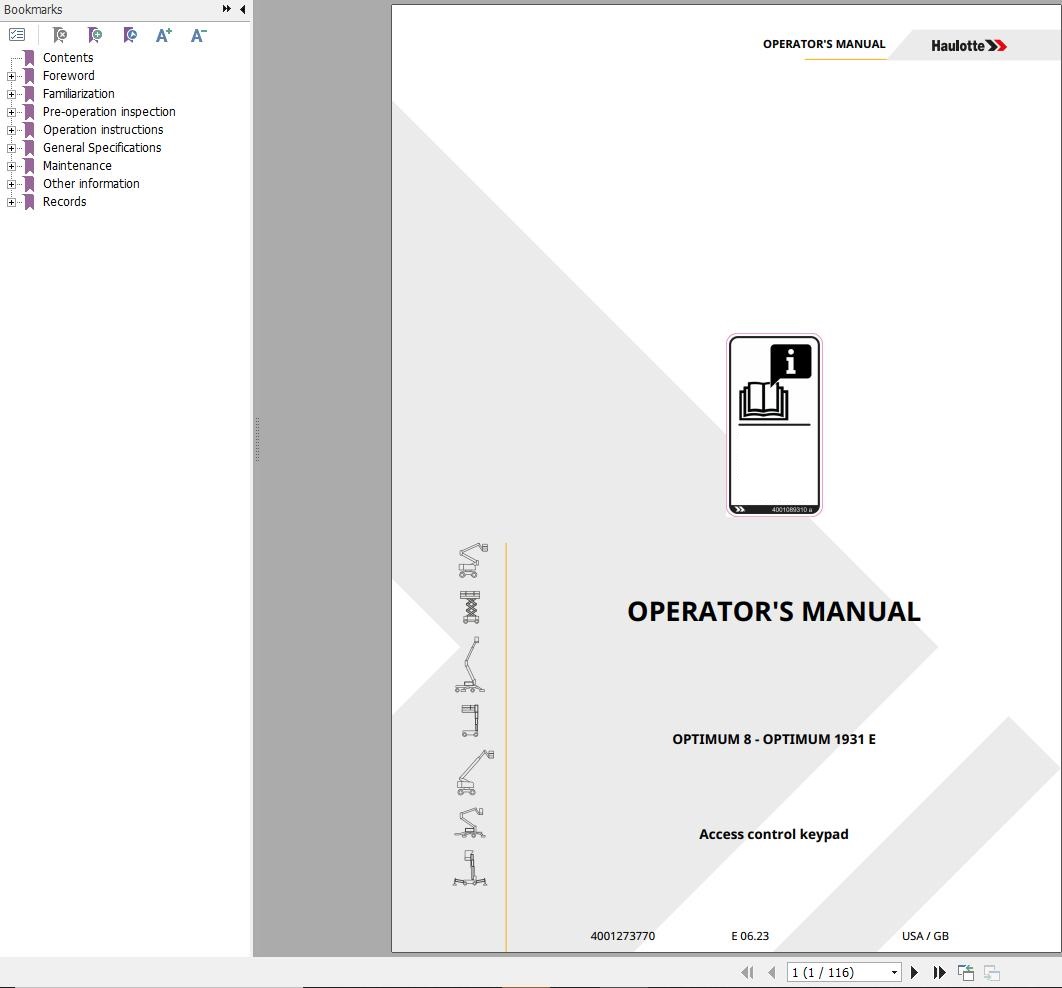 Haulotte Electric Scissor Lifts OPTIMUM 8 OPTIMUM 1931E Operators Manual 4001273770