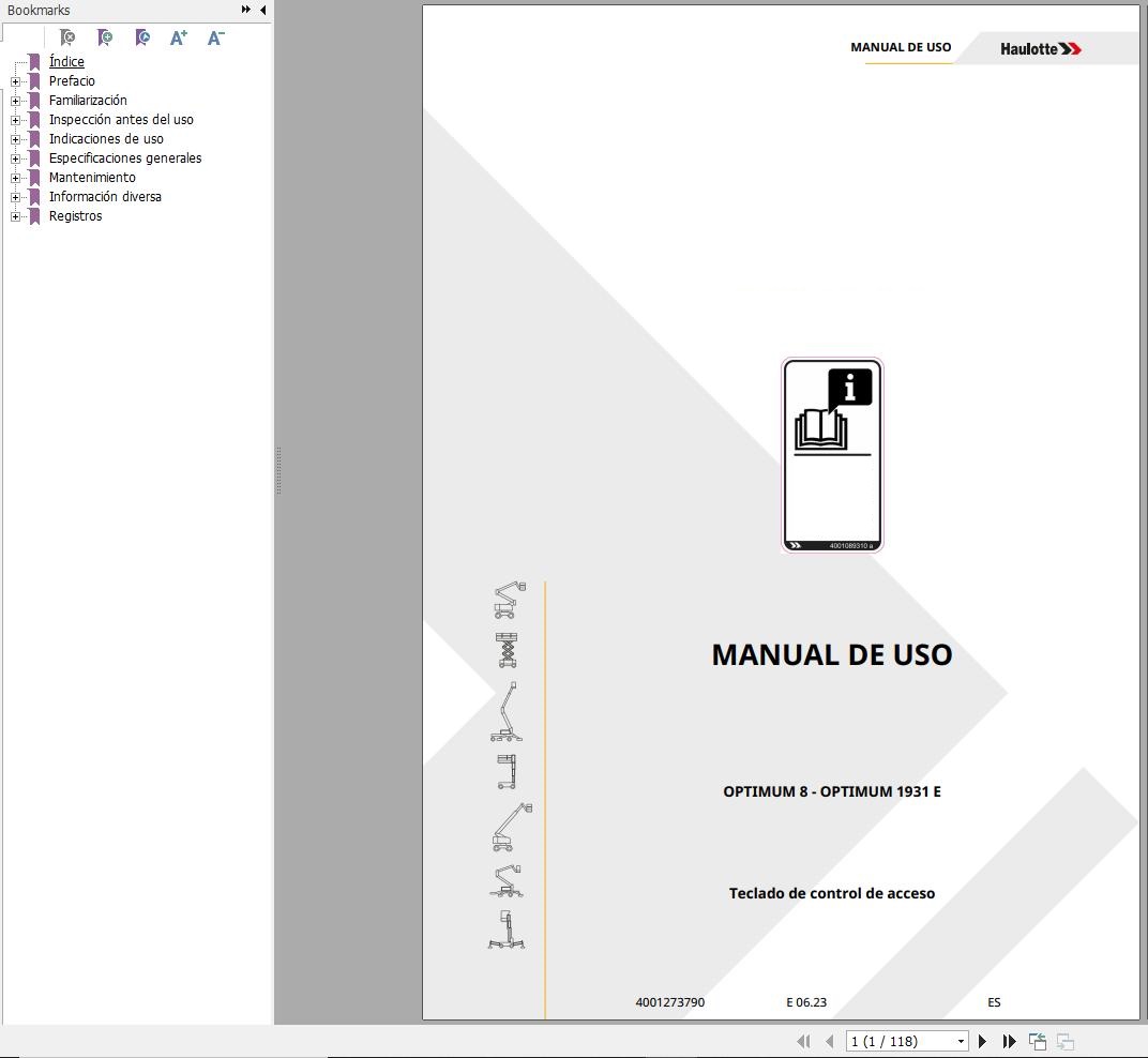 Haulotte Electric Scissor Lifts OPTIMUM 8 OPTIMUM 1931E Operators Manual 4001273790 ES