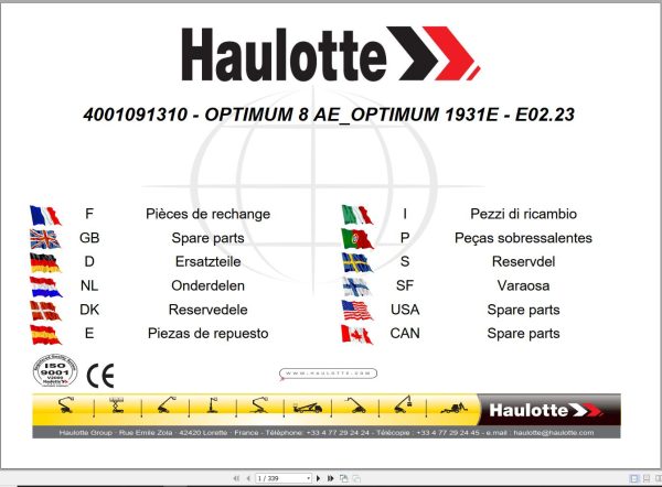 Haulotte Electric Scissor Lifts OPTIMUM 8AE OPTIMUM 1931E Parts Manual 4001091310 EN FR