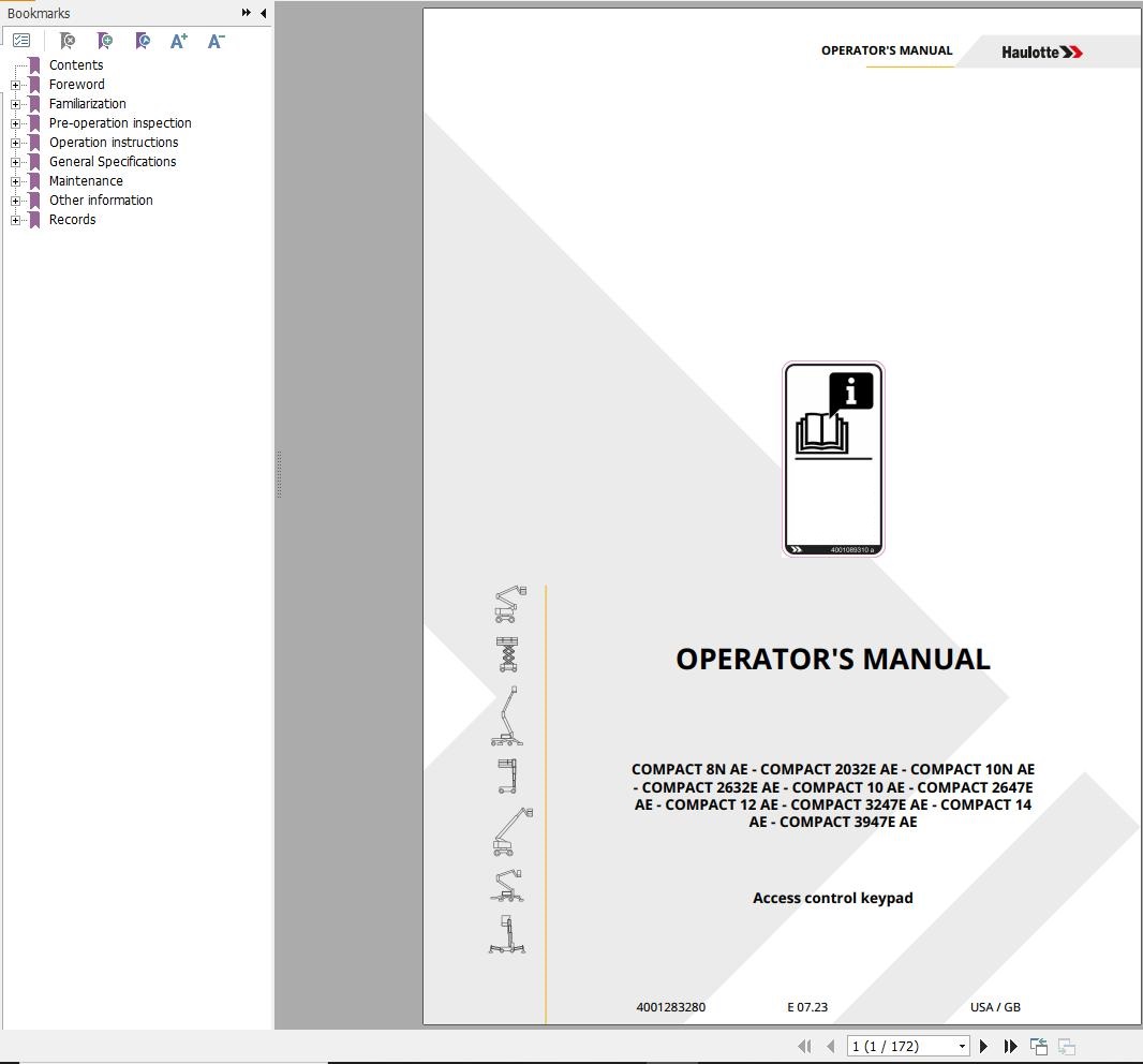 Haulotte Scissor Lift COMPACT 8N AE to COMPACT 3947E AE Operators Manual 4001283280