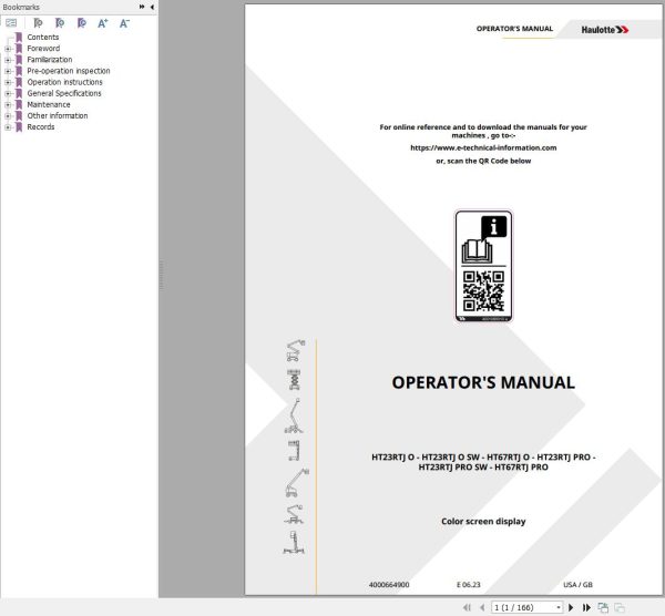 Haulotte Telescopic Booms HT23RTJ O to HT67RTJ PRO Operators Manual 4000664900