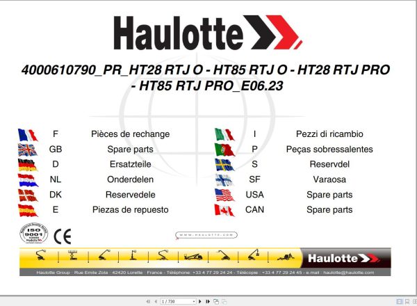 Haulotte Telescopic Booms HT28 RTJ O to HT85 RTJ PRO Parts Manual 4000610790 EN FR