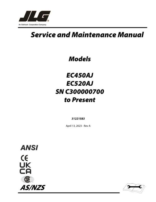 JLG Boom Lifts EC450AJ EC520AJ Service Maintenance Manual 31221583 2023
