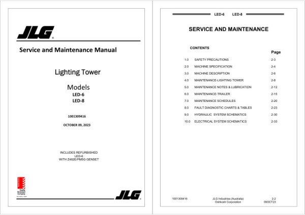 JLG Light Towers LED 6 and LED 8 Service Maintenance Manual 1001309416 2023