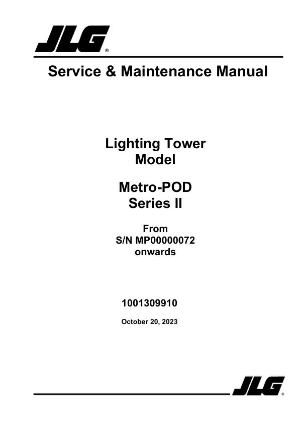 JLG Light Towers Metro POD Series II Service Maintenance Manual 1001309910 2023