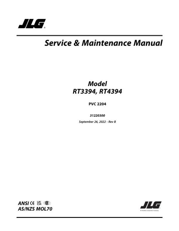 JLG Scissor Lifts RT3394 RT4394 Service Maintenance Manual 31220300 2023 PVC 2204