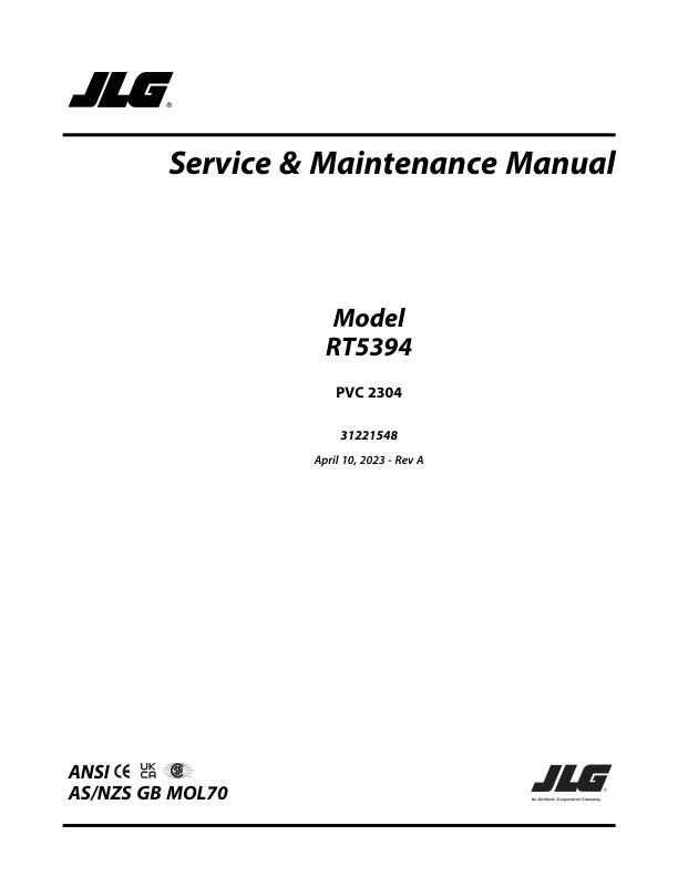 JLG Scissor Lifts RT5394 Service Maintenance Manual 31221548 2023 PVC 2304