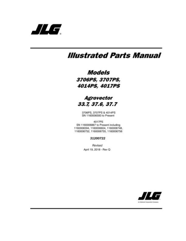 JLG Telehandlers 3706PS 3707PS 4014PS 4017PS Parts Manual 31200722 2018