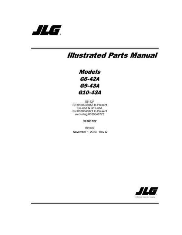 JLG Telehandlers G10 43A G6 42A G9 43A Parts Manual 31200727 2023