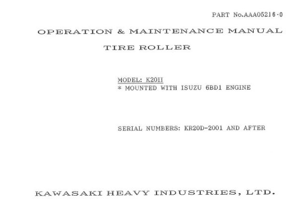 Kawasaki Road Roller K20II Operation Maintenance Shop Parts Manuals EN JP