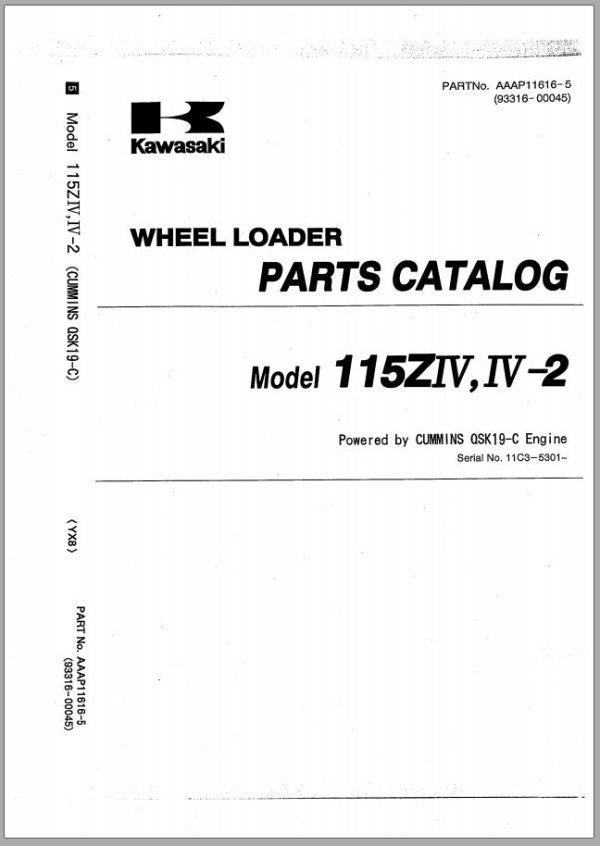 Kawasaki Wheel Loader 115ZA Operation Maintenance Shop Parts Manuals EN JP 1