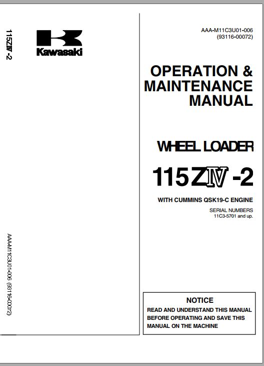 Kawasaki Wheel Loader 115ZIV 2 Operation Maintenance Shop Manuals