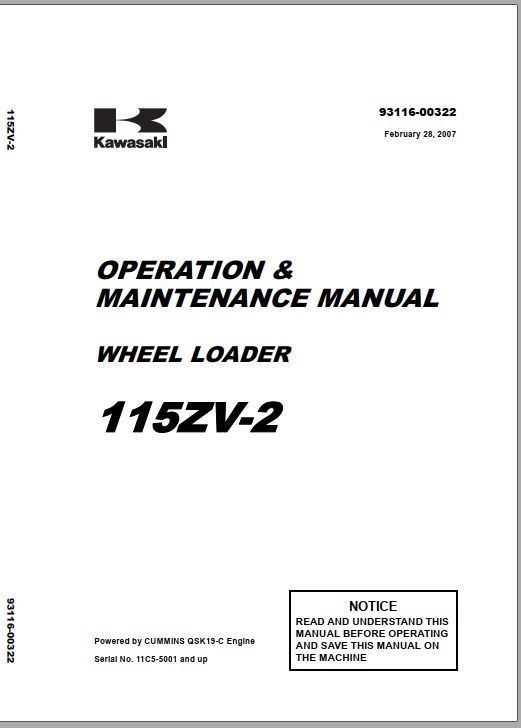 Kawasaki Wheel Loader 115ZV 2 Operation Maintenance Shop Parts Manuals EN JP