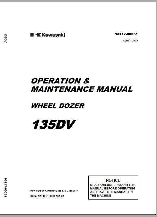 Kawasaki Wheel Loader 135DV Operation Maintenance Parts Manuals