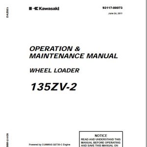 Kawasaki Wheel Loader 135ZV 2 Operation Maintenance Shop Parts Manuals