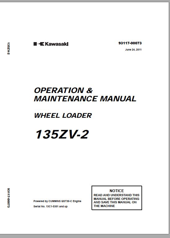 Kawasaki Wheel Loader 135ZV 2 Operation Maintenance Shop Parts Manuals