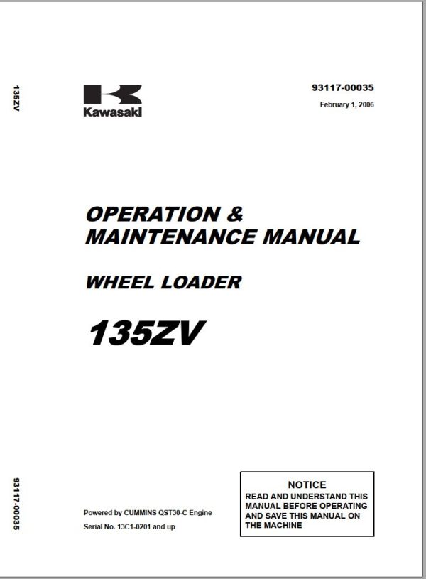 Kawasaki Wheel Loader 135ZV Operation Maintenance Shop Parts Manuals EN JP