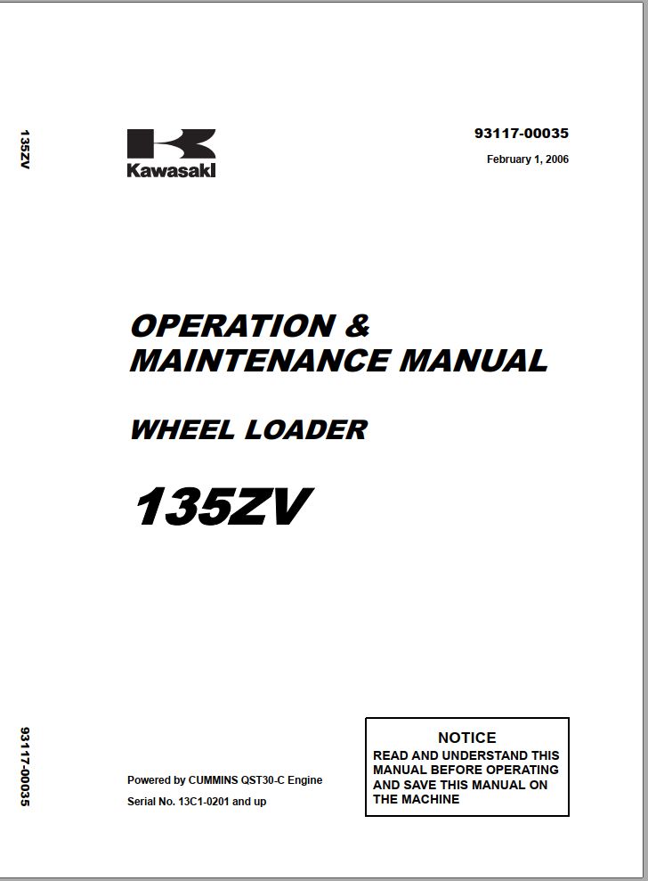 Kawasaki Wheel Loader 135ZV Operation Maintenance Shop Parts Manuals EN JP