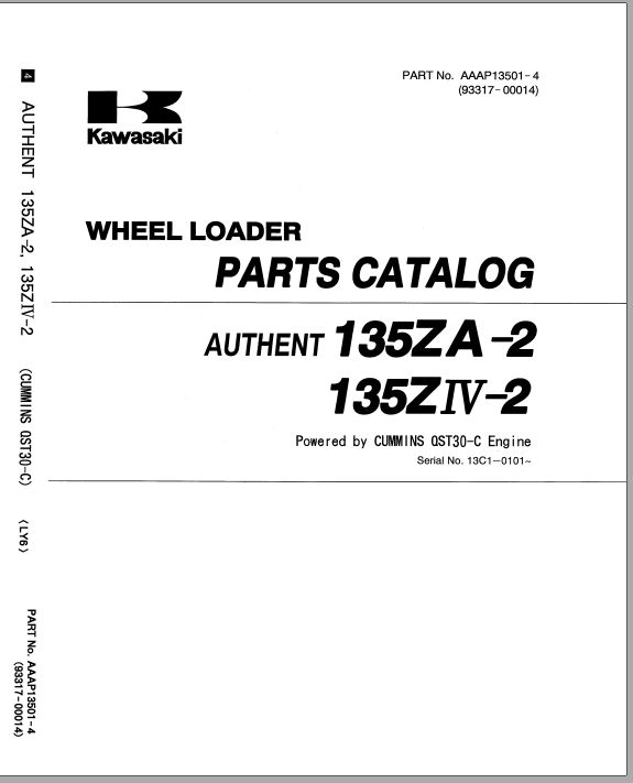 Kawasaki Wheel Loader 135ZV Operation Maintenance Shop Parts Manuals EN JP 1
