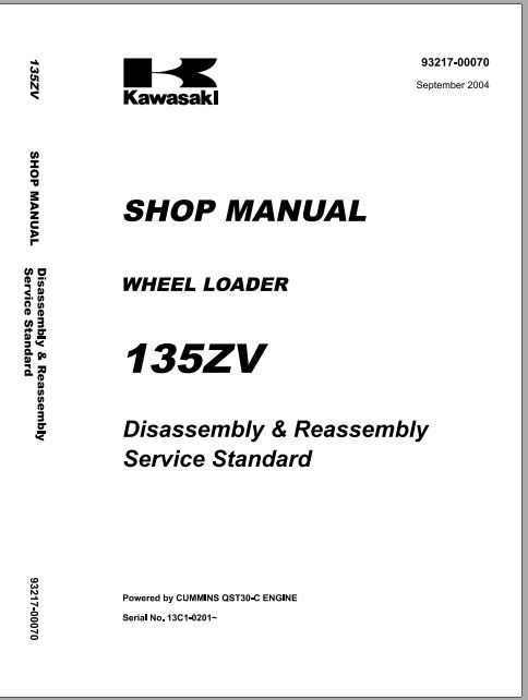 Kawasaki Wheel Loader 135ZV Operation Maintenance Shop Parts Manuals EN JP 2