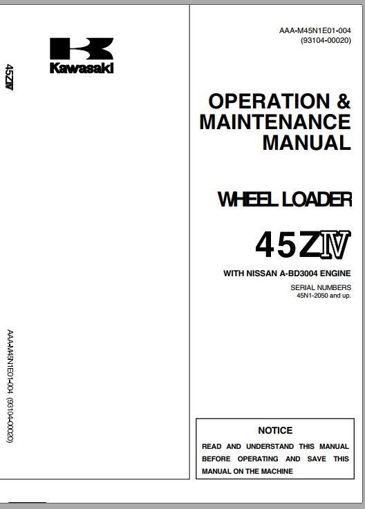 Kawasaki Wheel Loader 45ZIV Operation Maintenance Parts Manuals EN JP