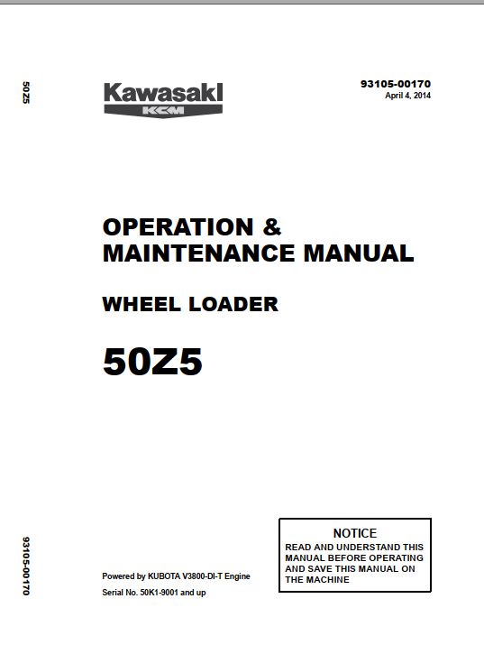 Kawasaki Wheel Loader 50Z5 Operation Maintenance Shop Parts Manuals EN JP