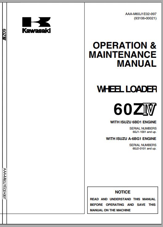 Kawasaki Wheel Loader 60ZIV 2 Operation Maintenance Shop Parts Manuals EN JP