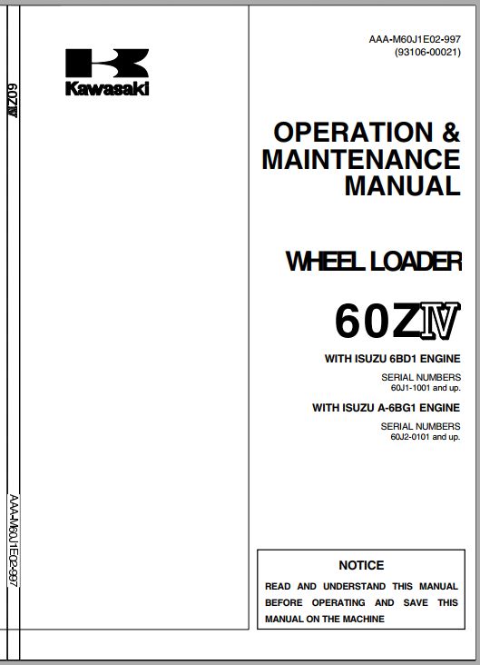 Kawasaki Wheel Loader 60ZIV Operation Maintenance Shop Parts Manuals EN JP