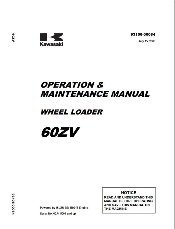 Kawasaki Wheel Loader 60ZV Operation Maintenance Shop Parts Manuals EN JP
