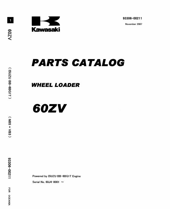 Kawasaki Wheel Loader 60ZV Operation Maintenance Shop Parts Manuals EN JP 1