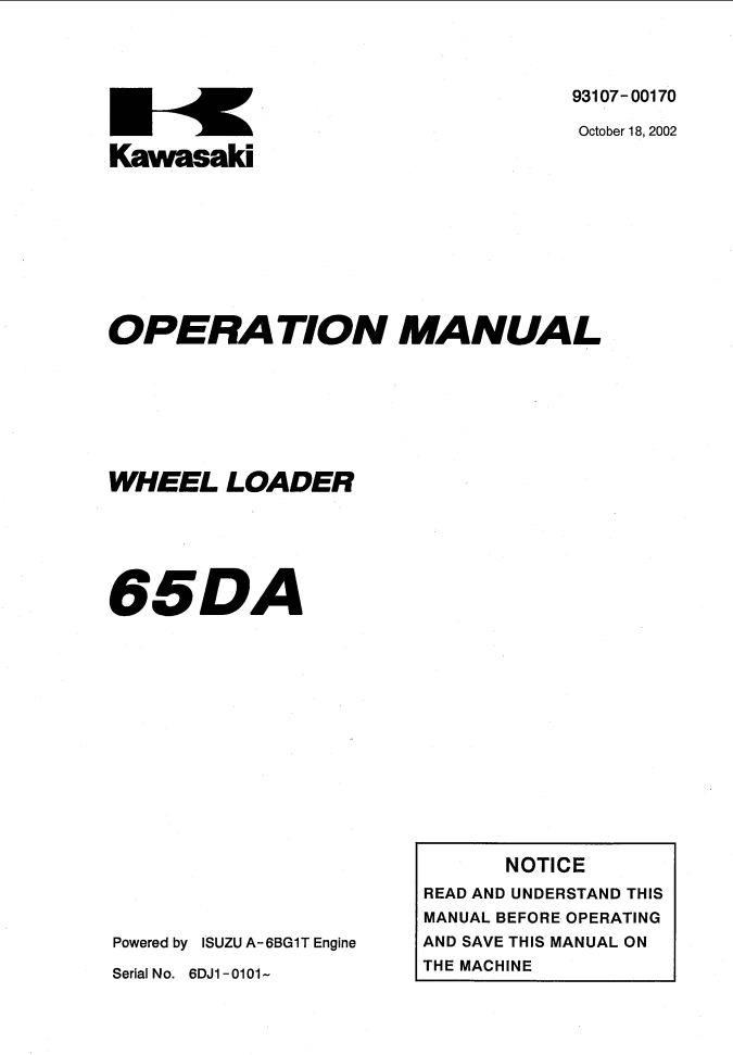 Kawasaki Wheel Loader 65DA Operation Maintenance Manual 93107 00170