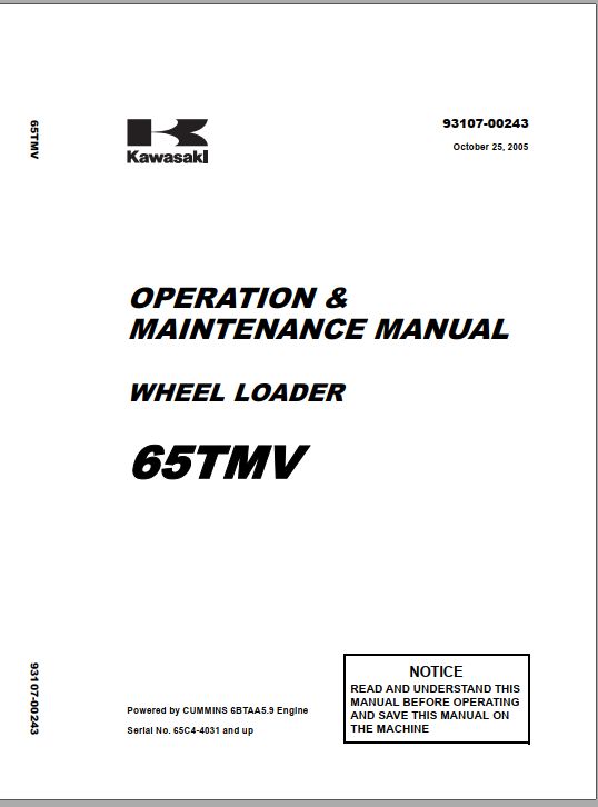 Kawasaki Wheel Loader 65TMV Operation Maintenance Shop Parts Manuals EN JP