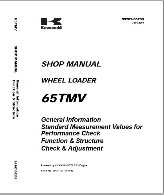 Kawasaki Wheel Loader 65TMV Operation Maintenance Shop Parts Manuals EN JP 2