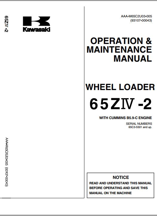 Kawasaki Wheel Loader 65ZIV 2 Operation Maintenance Shop Parts Manuals EN JP