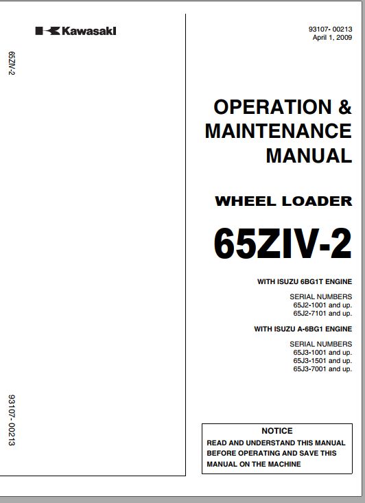 Kawasaki Wheel Loader 65ZIV Operation Maintenance Shop Parts Manuals EN JP