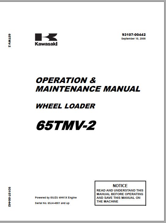 Kawasaki Wheel Loader 65ZV 2 65TMV 2 Operation Maintenance Shop Parts Manuals EN JP