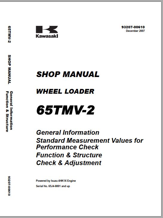 Kawasaki Wheel Loader 65ZV 2 65TMV 2 Operation Maintenance Shop Parts Manuals EN JP 2