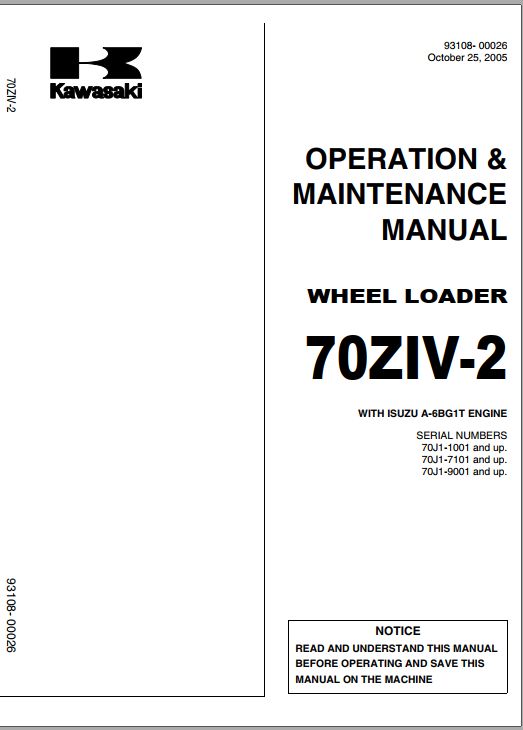 Kawasaki Wheel Loader 70ZIV 2 Operation Maintenance Shop Parts Manuals EN JP