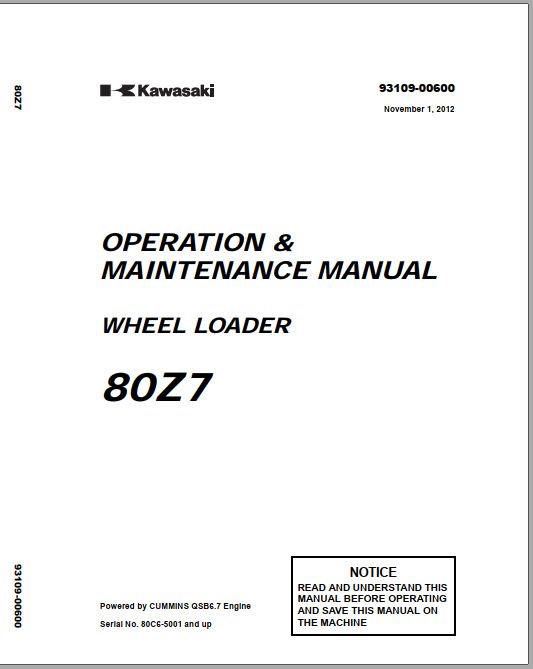 Kawasaki Wheel Loader 80Z7 80Z7B Operation Maintenance Shop Parts Manuals EN JP
