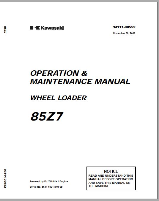 Kawasaki Wheel Loader 85Z7 85Z7B Operation Maintenance Shop Parts Manuals EN JP