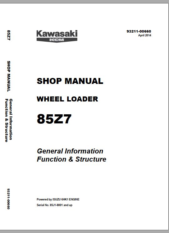 Kawasaki Wheel Loader 85Z7 85Z7B Operation Maintenance Shop Parts Manuals EN JP 2