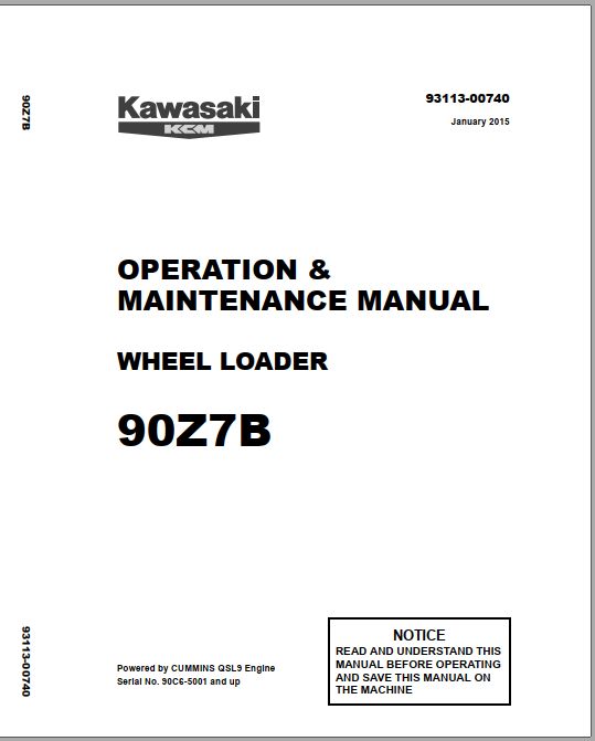 Kawasaki Wheel Loader 90Z7 90Z7B Operation Maintenance Shop Parts Manuals EN JP
